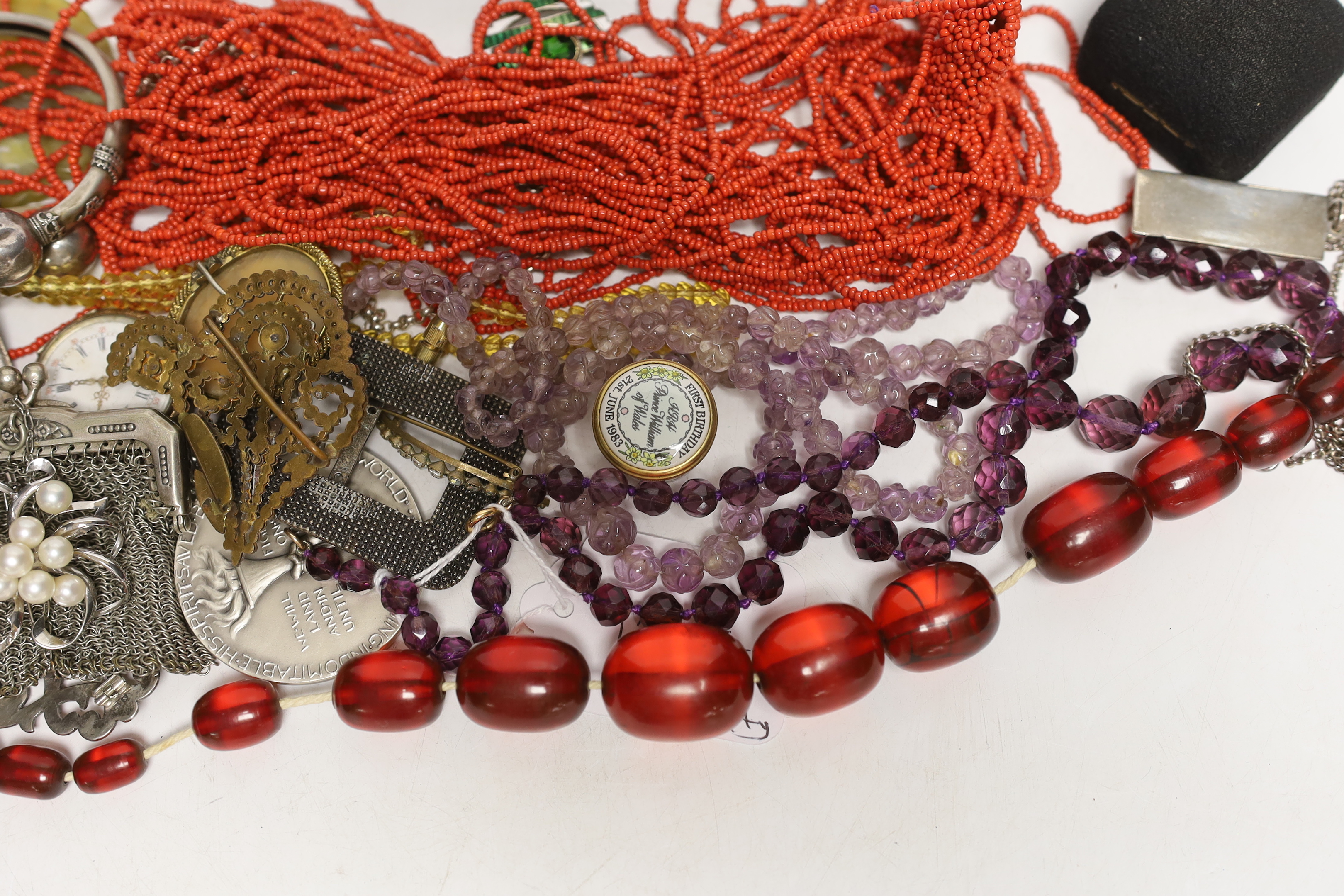 A group of assorted collectable, jewellery etc. including Bakelite bead necklace, Halcyon Days boxes, silver ingot pendant, silver belt buckle, cut steel buckle, rose quartz necklace, amethyst necklace, citrine necklace